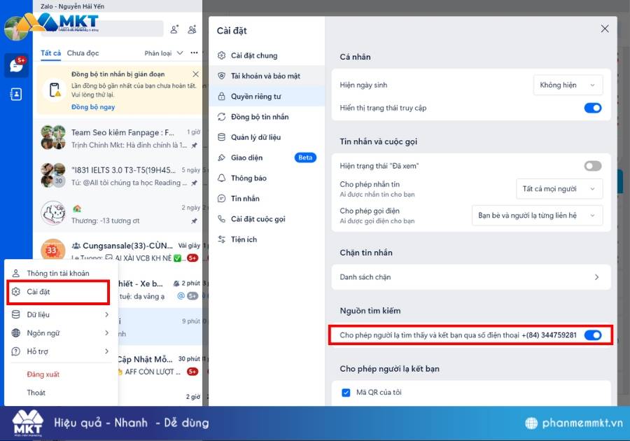 Làm sao để ẩn sdt trên Zalo